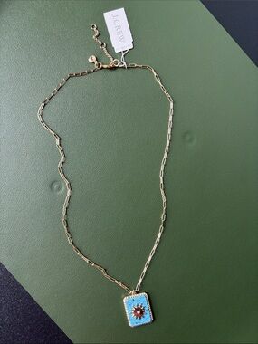 J. Crew Gold Chain Necklace with Blue Enamel Sunburst Pendant